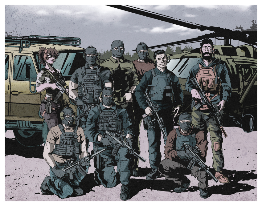 1girl 2boys 6+others aircraft ambiguous_gender ammunition_pouch assault_rifle balaclava battlesecretary beard belt black_belt black_facial_hair black_footwear black_gloves black_hair black_jacket black_pants black_shirt boots border breast_pocket brown_footwear brown_hair brown_pants brown_shirt buckle bulletproof_vest car carbine closed_mouth cloud collared_jacket collared_shirt combat_boots commentary_request covered_face cross-laced_footwear day eotech facial_hair facing_to_the_side film_grain foregrip full_body gloves grey_pants grey_sky group_picture gun gun_sling h&amp;k_hk53 headset helicopter highres holding holding_gun holding_weapon holster hood hood_down hooded_jacket jacket knee_pads load_bearing_vest long_sleeves looking_at_viewer lr-300 m4_carbine magazine_(weapon) military_jacket military_jeep military_operator military_vehicle motor_vehicle multiple_boys multiple_others muted_color on_ground on_one_knee optical_sight original outdoors pants partial_commentary pink_lips pocket ponytail pouch radio red_shirt rifle serious shadow shirt shoes short-barreled_rifle short_hair short_sleeves sky three-quarter_sleeves sleeves_rolled_up snap-fit_buckle standing sunglasses sunlight suppressor t-shirt tactical_clothes trigger_discipline vehicle_request vertical_foregrip very_short_hair weapon western_comics_(style) white_border