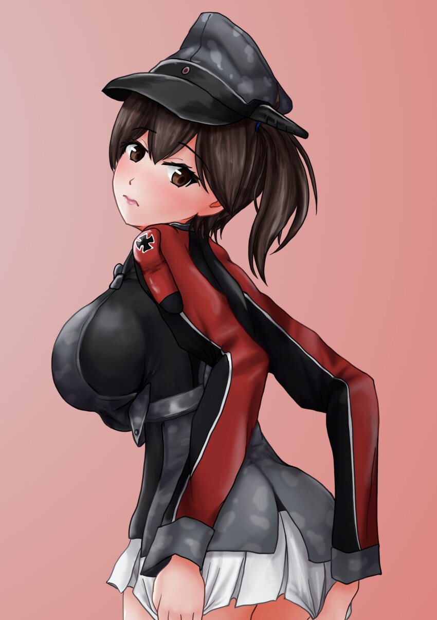 1girl absurdres black_hair black_shirt breasts brown_eyes camouflage cosplay coumin_c cowboy_shot cross from_behind gradient_background grey_hat hat highres iron_cross kaga_(kancolle) kantai_collection large_breasts long_hair military_uniform peaked_cap pleated_skirt prinz_eugen_(kancolle) prinz_eugen_(kancolle)_(cosplay) red_background shadow shirt skirt skirt_tug solo standing white_skirt yasakae_(coumin_c)