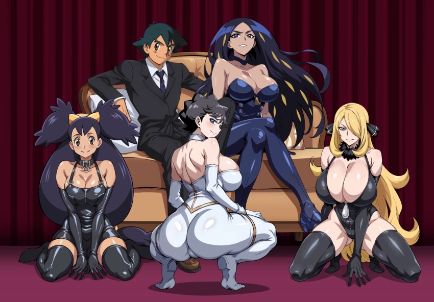 1boy 4girls ash_ketchum ass bare_shoulders bdsm black_hair blonde_hair blue_eyes blue_hair bondage bondage_outfit boots bound breasts brown_hair cleavage collarbone couch crossed_legs curtains cynthia_(pokemon) dark-skinned_female dark_skin diantha_(pokemon) double_bun formal_clothes game_freak geeta_(pokemon) gloves grey_eyes hair_bun hair_over_one_eye harem high_heel_boots high_heels iris_(pokemon) large_breasts latex latex_gloves latex_legwear long_hair looking_at_viewer looking_back multicolored_hair multiple_girls necktie nintendo open_mouth pokemon purple_hair short_hair sitting smile squatting suit yxyyxy