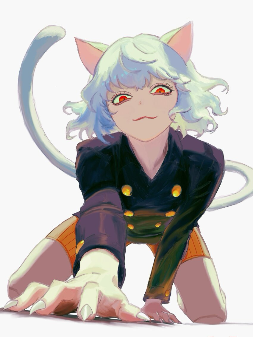 1other :3 absurdres androgynous animal_ears black_jacket buttons cat_ears cat_tail commentary dot_nose eyelashes fingernails floating_hair full_body hashtag-only_commentary highres hunter_x_hunter jacket long_sleeves looking_at_viewer mayuri330 neferpitou orange_shorts red_eyes sharp_fingernails shorts simple_background slit_pupils tail v-neck white_background white_hair