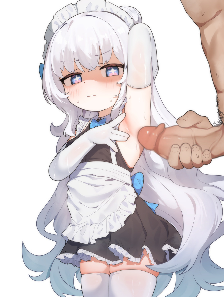 1boy 1girl absurdres apron armpits azur_lane blue_eyes censored commentary_request dress elbow_gloves freehoney gloves hetero highres le_malin_(azur_lane) loli long_hair maid maid_headdress mosaic_censoring paid_reward_available penis simple_background thighhighs white_gloves white_hair white_thighhighs