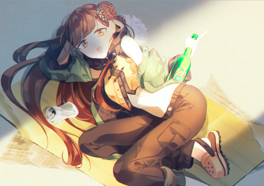 1girl 3shine_02 black_survival bottle braid braided_bun brown_hair can chinese_clothes crocs double_bun eternal_return:_black_survival hair_bun hair_spread_out highres li_dailin long_hair looking_at_viewer midriff official_alternate_costume open_mouth pants pink_shoes shoes soju solo tagme yellow_eyes