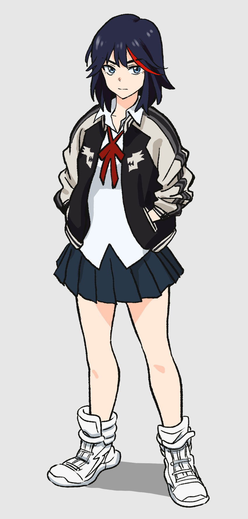 1girl absurdres black_hair black_skirt blue_eyes closed_mouth collared_shirt full_body grey_background hands_in_pockets hatimoto highres jacket kill_la_kill long_sleeves matoi_ryuuko multicolored_hair pleated_skirt shirt shoes simple_background skirt solo standing streaked_hair white_shirt white_shoes