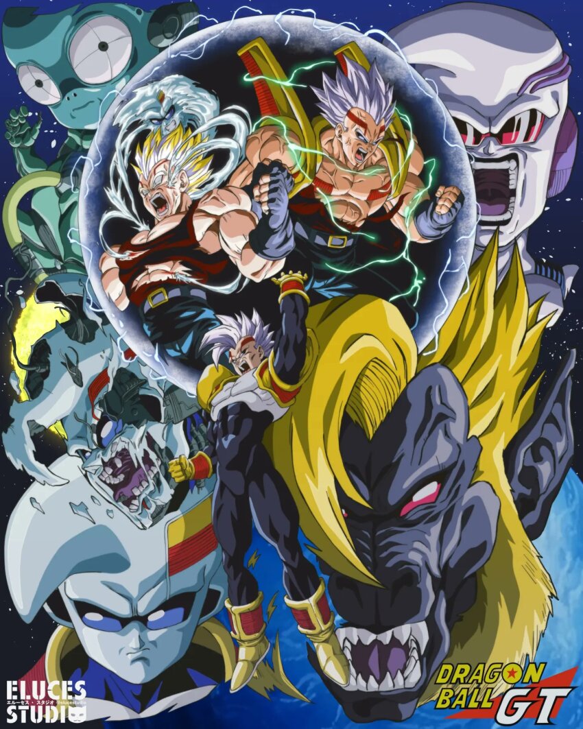 1boy baby_(dragon_ball) baby_vegeta blue_eyes bodysuit dragon_ball dragon_ball_gt elucestudio facial_mark gloves golden_oozaru grey_hair grin highres looking_at_viewer male_focus monkey_boy muscular muscular_male open_mouth pants parasite pectorals possessed saiyan smile spiked_hair super_saiyan teeth vegeta veiny_face white_hair yellow_gloves