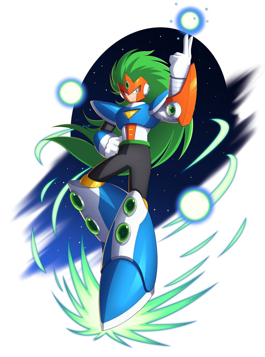 1boy absurdres android armor blue_armor blue_eyes breastplate clenched_hand closed_mouth diegodoodles forehead_jewel gem gloves green_hair hand_on_own_hip helmet highres industrial_pipe long_hair mega_man_(classic) mega_man_(series) mega_man_v mega_man_x_(series) mega_man_x_dive official_style orange_helmet robot robot_ears shoulder_armor smile standing terra_(mega_man) v white_gloves