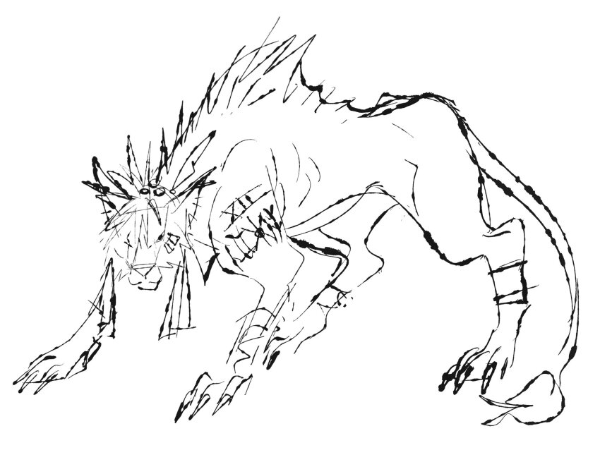 1boy animal bangle body_markings bracelet claws facial_mark feather_hair_ornament feathers final_fantasy final_fantasy_vii flame-tipped_tail full_body hair_between_eyes hair_ornament high_contrast highres jaysoysaucee jewelry male_focus no_humans red_xiii scar scar_across_eye scar_on_face sidelocks sketch solo white_background