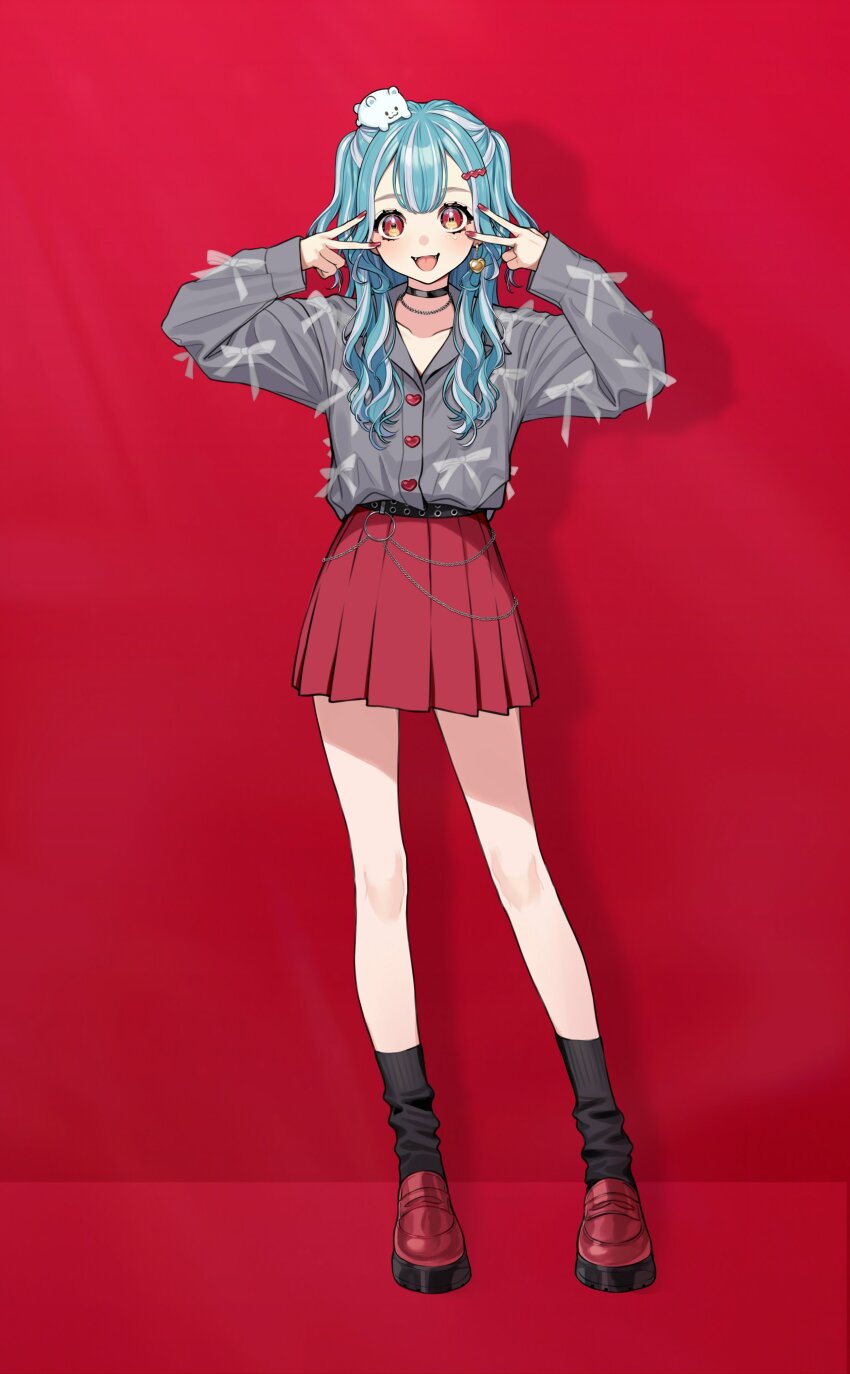 1girl absurdres alternate_costume animal animal_on_head belt black_belt black_choker black_socks blue_hair bow buttons chain choker contrapposto double_v earrings fangs full_body grey_shirt hair_ornament heart heart_button heart_earrings heart_hair_ornament highres jewelry loafers long_hair long_sleeves looking_at_viewer miniskirt multicolored_hair necklace o-ring on_head orange_eyes pleated_skirt red_background red_nails red_shoes red_skirt shiranami_ramune shirt shoes single_earring skirt socks solo standing streaked_hair too_many_bows two_side_up v virtual_youtuber vspo! white_bow white_hair yuu_(higashi_no_penguin)