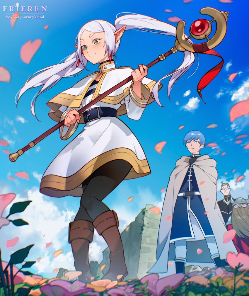 1girl 3boys belt blue_sky cesar_art456 copyright_name earrings eisen_(sousou_no_frieren) elf flower frieren green_eyes heiter highres himmel_(sousou_no_frieren) jewelry long_hair multiple_boys outdoors pointy_ears sky smile sousou_no_frieren staff twintails white_hair wind