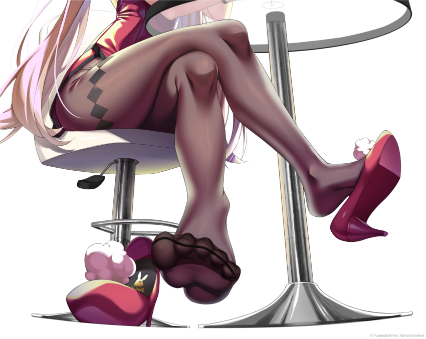1girl chair crossed_legs feet foot_focus high_heels highres knees legs leotard little_witch_nobeta long_hair nobeta office_chair official_art on_chair pantyhose red_leotard red_shoes shoes simple_background single_shoe sitting soles solo swivel_chair thighs toes unworn_shoes very_long_hair white_background