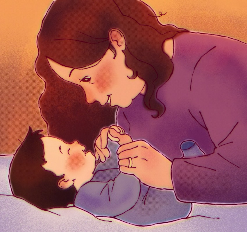 1boy 1girl aged_down baby black_hair brown_eyes brown_hair clark_kent closed_eyes d-e-r-i dc_comics highres holding_hands jewelry lying martha_kent mother_and_son my_adventures_with_superman on_back onesie purple_shirt ring shirt smile superman_(series)