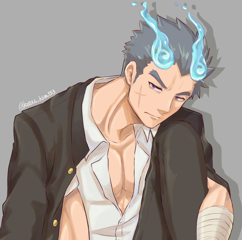 1boy bandaged_arm bandages black_jacket blue_fire collarbone collared_shirt drop_shadow facial_scar fire gakuran grey_background grey_eyes highres jacket katou_hsm153 male_focus pectoral_cleavage pectorals sakimori_toji scar scar_on_cheek scar_on_face school_uniform shirt short_hair solo tokyo_houkago_summoners twitter_username white_shirt