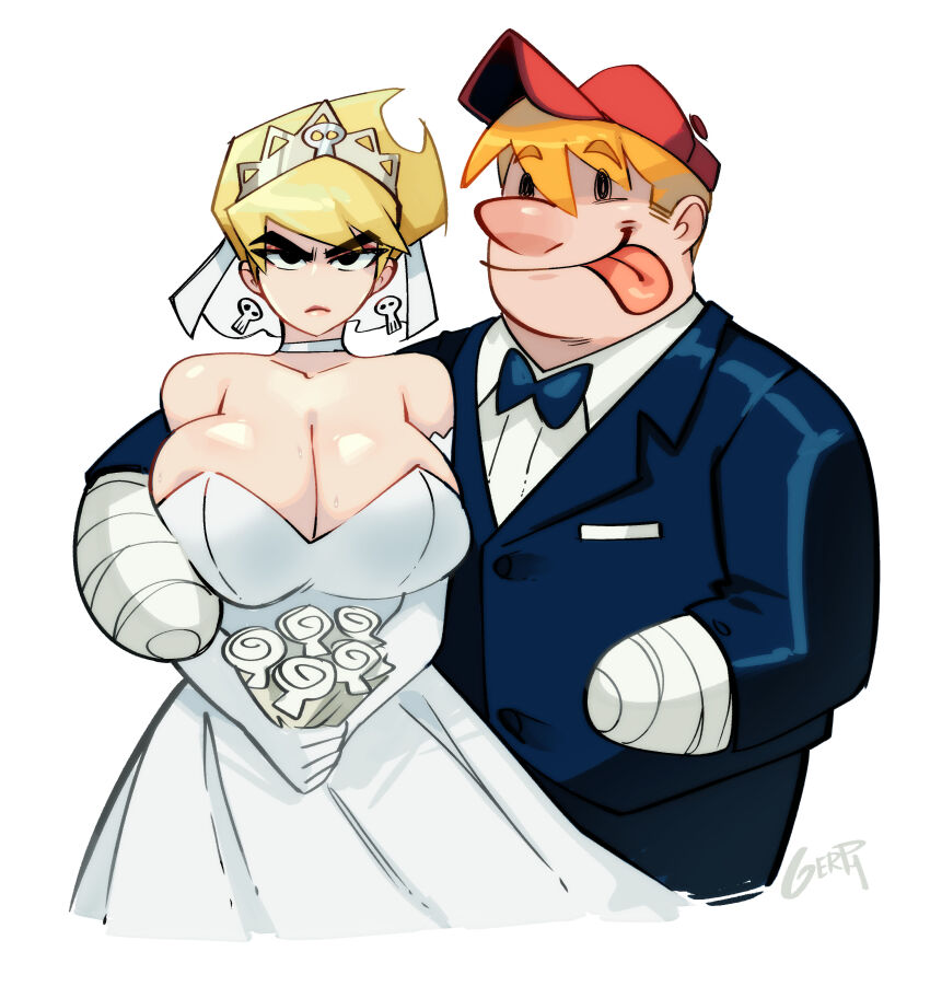1boy 1girl absurdres aged_up bandages big_nose billy_(grim_adventures) blonde_hair breasts buenos_dias_mandy_(meme) couple earrings gerph hat highres jewelry large_breasts mandy_(grim_adventures) orange_hair skeleton sketch the_grim_adventures_of_billy_&amp;_mandy toon_(style) wedding