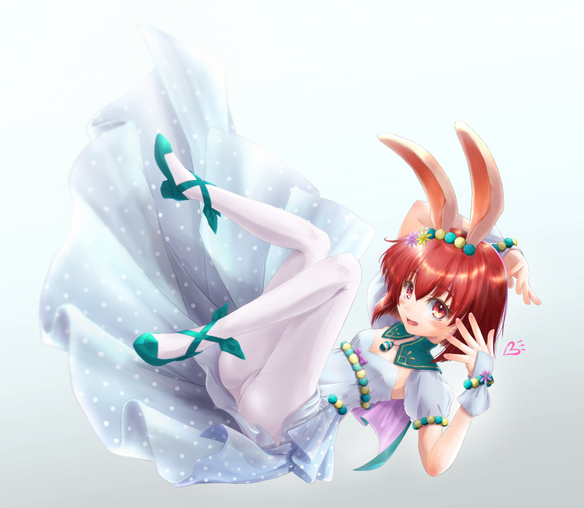 1girl absurdres animal_ears aqua_shoes blue_background breasts detached_collar detached_sleeves dress fake_animal_ears fire_emblem fire_emblem:_mystery_of_the_emblem fire_emblem_heroes full_body gloves gradient_background heart highres jewelry looking_at_viewer maria_(fire_emblem) maria_(spring)_(fire_emblem) necklace nintendo official_alternate_costume panties panties_under_pantyhose pantyhose polka_dot polka_dot_dress rabbit_ears red_eyes red_hair shoes short_hair small_breasts solo tomonx underwear white_dress white_gloves white_pantyhose
