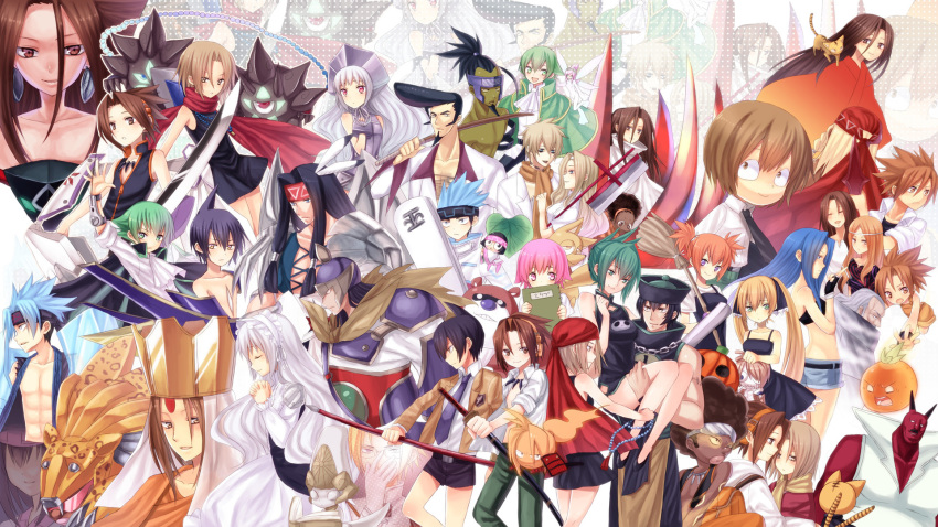 6+boys 6+girls alumi_niumbirch amidamaru armor asakura_hana asakura_hao asakura_yoh ashcroft_(shaman_king) bandana blonde_hair blue_hair brown_eyes china_dress chinese_clothes chocolove_mcdonell chuck_(shaman_king) claws damuko dark_skin demon dress eliza_(shaman_king) everyone fairy green_hair hairband helmet highres holding holding_sword holding_weapon iron_maiden_jeanne jack_the_ripper_(shaman_king) jiangshi johann_faust_viii kanna_bismarch kororo kyouyama_anna lee_bailong leotard long_hair lyserg_diethel marco_lasso marion_phauna matamune matilda_matisse mic_(shaman_king) midorikawa_you morphine multiple_boys multiple_girls muscular oyamada_manta pascal_avaf pink_hair red_eyes samurai sati_saigan shaman_king short_hair silva_(shaman_king) silver_hair spirit spirit_of_fire spoilers sword tamamura_tamao tao_jun tao_ren tokagerou umemiya_ryuunosuke usui_horokeu weapon zombie