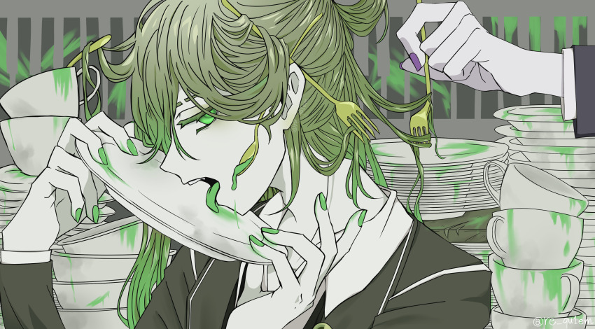 absurdres colored_skin colored_tongue cup dirty dirty_dishes enkephalin_(project_moon) fork fork_in_hair green_hair green_jacket green_nails green_tongue hair_rings highres holding holding_plate jacket library_of_ruina licking limited_palette netzach_(project_moon) plate profile project_moon purple_nails re_qu1em single_hair_ring solo_focus spoon teacup white_skin yesod_(project_moon)