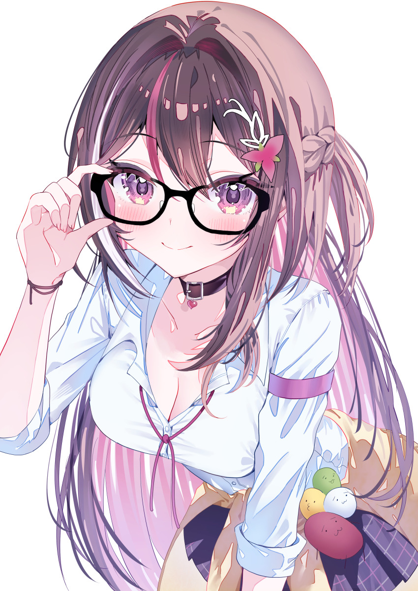 1girl absurdres adjusting_eyewear asymmetrical_sidelocks azki_(hololive) black_collar black_hair blue_skirt braid cardigan cardigan_around_waist clothes_around_waist collar collared_shirt colored_inner_hair commentary_request double-parted_bangs glasses hair_intakes half_up_half_down_braid hand_up heart_pendant highres hololive long_hair looking_at_viewer miniskirt mole mole_under_eye multicolored_hair musunde_hiraite_rasetsu_to_mukuro_(vocaloid) pendant_collar pink_hair plaid_clothes plaid_skirt purple_eyes school_uniform shirt shirt_tucked_in sidelocks simple_background skirt smile solo streaked_hair very_long_hair virtual_youtuber wasemkn white_background white_hair white_shirt