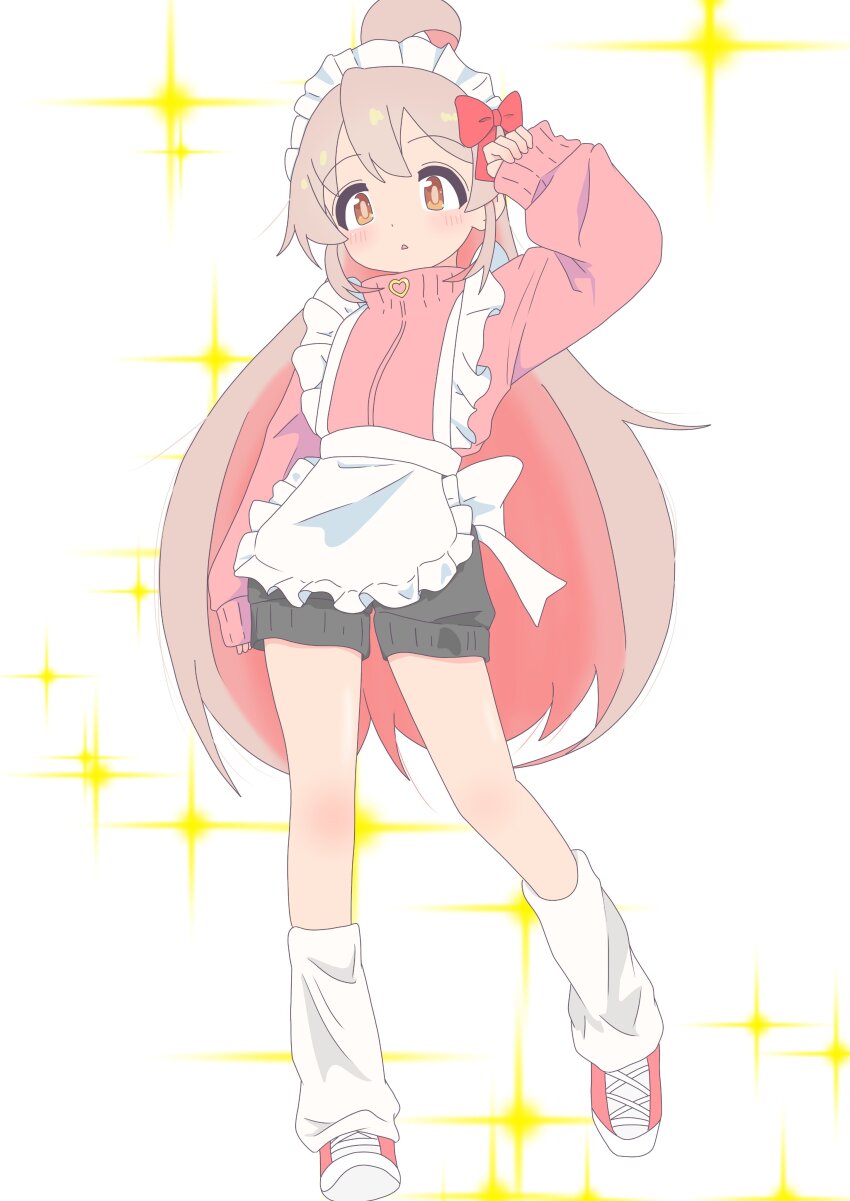 1girl absurdres ahoge alternate_costume apron black_shorts bow colored_inner_hair commentary frilled_apron frills full_body grey_hair hair_bow hand_up highres jacket jersey_maid long_hair long_sleeves looking_at_viewer loose_socks maid maid_apron maid_headdress multicolored_hair onii-chan_wa_oshimai! oyama_mahiro pink_hair pink_jacket red_bow short_shorts shorts simple_background sleeves_past_wrists socks solo sparkle_background standing standing_on_one_leg track_jacket turtleneck turtleneck_jacket two-tone_hair unconventional_maid very_long_hair waist_apron wall228090611 white_apron white_background