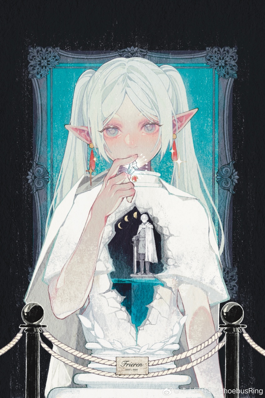 1boy 1girl absurdres aqua_background arm_at_side artist_name black_border blue_eyes bollard border bright_pupils cape character_name chinese_commentary chinese_text commentary_request crescent_moon dress earrings elf expressionless eyelashes eyeshadow finger_to_mouth half_moon highres himmel_(sousou_no_frieren) holding holding_jewelry holding_ring holding_sword holding_weapon hole_in_chest hole_on_body hollow_body jewelry long_hair makeup moon moon_phases notice_lines parted_bangs phoebus_ring picture_frame planted planted_sword planted_weapon pointy_ears red_eyeshadow ring rope shining sidelocks sign sousou_no_frieren sparkle sword teardrop_earrings translation_request twintails unworn_ring upper_body weapon white_cape white_dress white_pupils white_rope