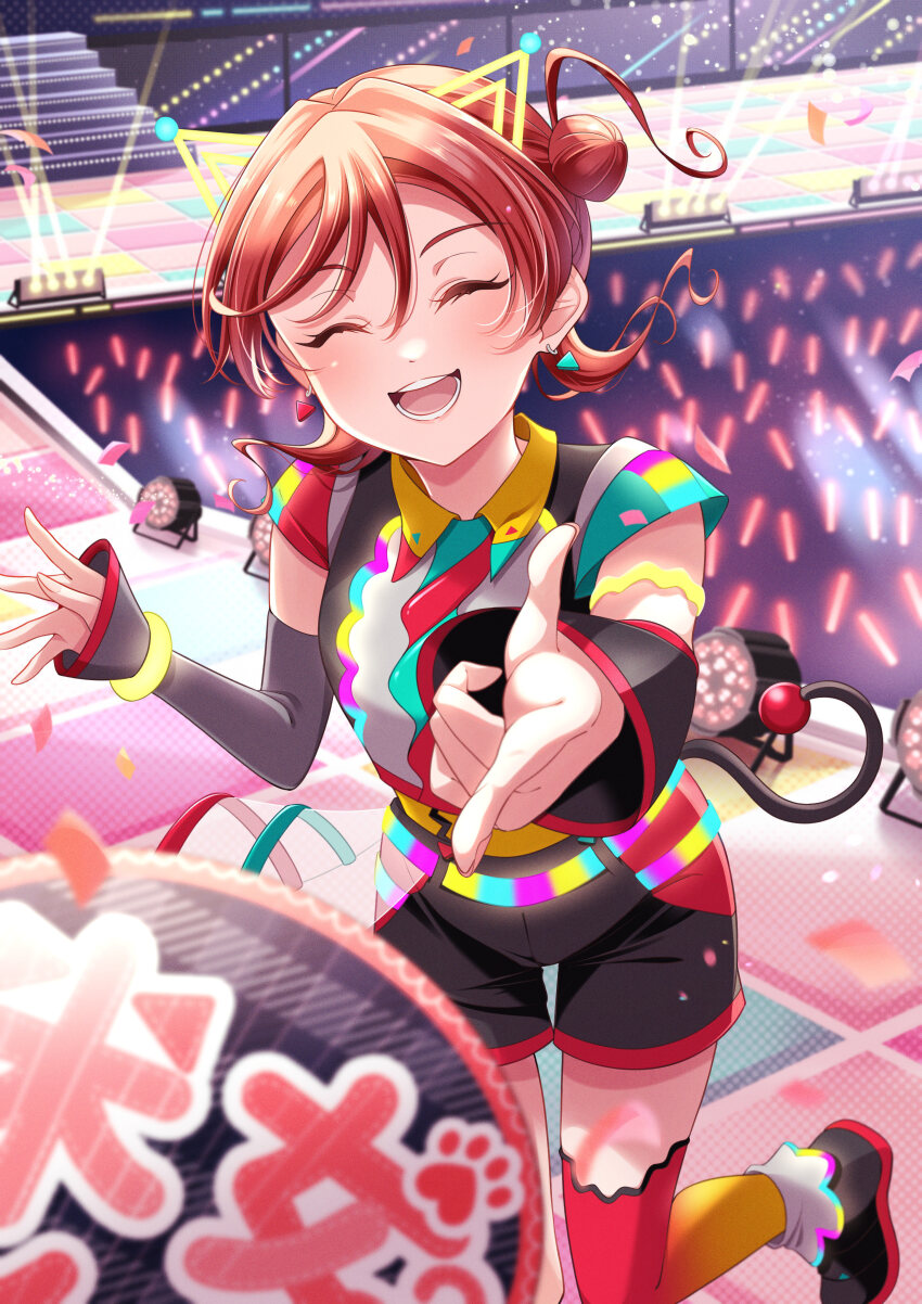 1girl :d ^_^ absurdres animal_ears asymmetrical_sleeves black_shoes black_shorts black_sleeves breasts closed_eyes commentary_request detached_sleeves facing_viewer fake_animal_ears fake_tail finger_gun glowstick gradient_thighhighs grey_sleeves hair_bun hand_fan highres long_sleeves love_live! love_live!_superstar!! medium_breasts mismatched_sleeves nico_ron_nico official_alternate_costume open_mouth paper_fan penlight_(glowstick) pointing pointing_at_viewer red_thighhighs shoes short_hair_with_long_locks short_sleeves shorts single_side_bun single_thighhigh sleeves_past_wrists smile solo stage tail thighhighs two-tone_thighhighs uchiwa uneven_sleeves vitamin_summer! yellow_thighhighs yoneme_mei