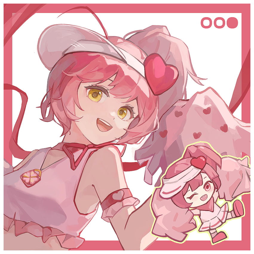 2girls amulet_heart armband bare_shoulders blunt_bangs border cheerleader chibi chinese_commentary commentary_request crop_top dress eyelashes floating_clothes frilled_armband frilled_shirt frills hair_ornament hat heart heart_hair_ornament heart_print high_side_ponytail hinamori_amu holding holding_pom_poms humpty_lock_(shugo_chara!) kneehighs magical_girl multiple_girls neck_ribbon one_eye_closed open_mouth outline outside_border pink_border pink_dress pink_eyes pink_hair pink_scarf pink_shirt pink_shoes pink_socks pleated_dress pom_pom_(cheerleading) pom_poms ran_(shugo_chara!) red_armband red_ribbon ribbon scarf shirt shoes short_dress short_hair shugo_chara! sideways_hat sleeveless sleeveless_shirt smile socks swept_bangs tangchaolilizi_kuriko teeth upper_body upper_teeth_only v-neck visor_cap white_background white_hat yellow_eyes yellow_outline