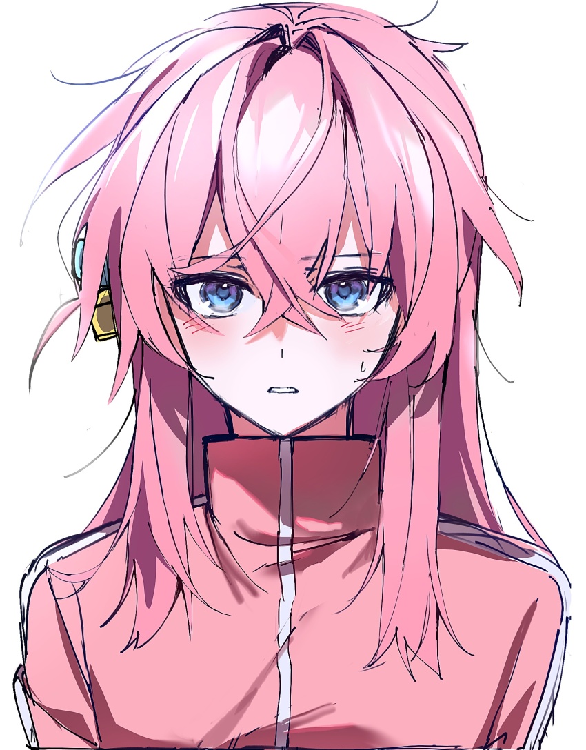 1girl blue_eyes blush bocchi_the_rock! cube_hair_ornament dot_nose gotoh_hitori hair_between_eyes hair_ornament jacket long_hair looking_at_viewer natari_510 open_mouth pink_hair simple_background solo teeth track_jacket track_suit white_background zipper