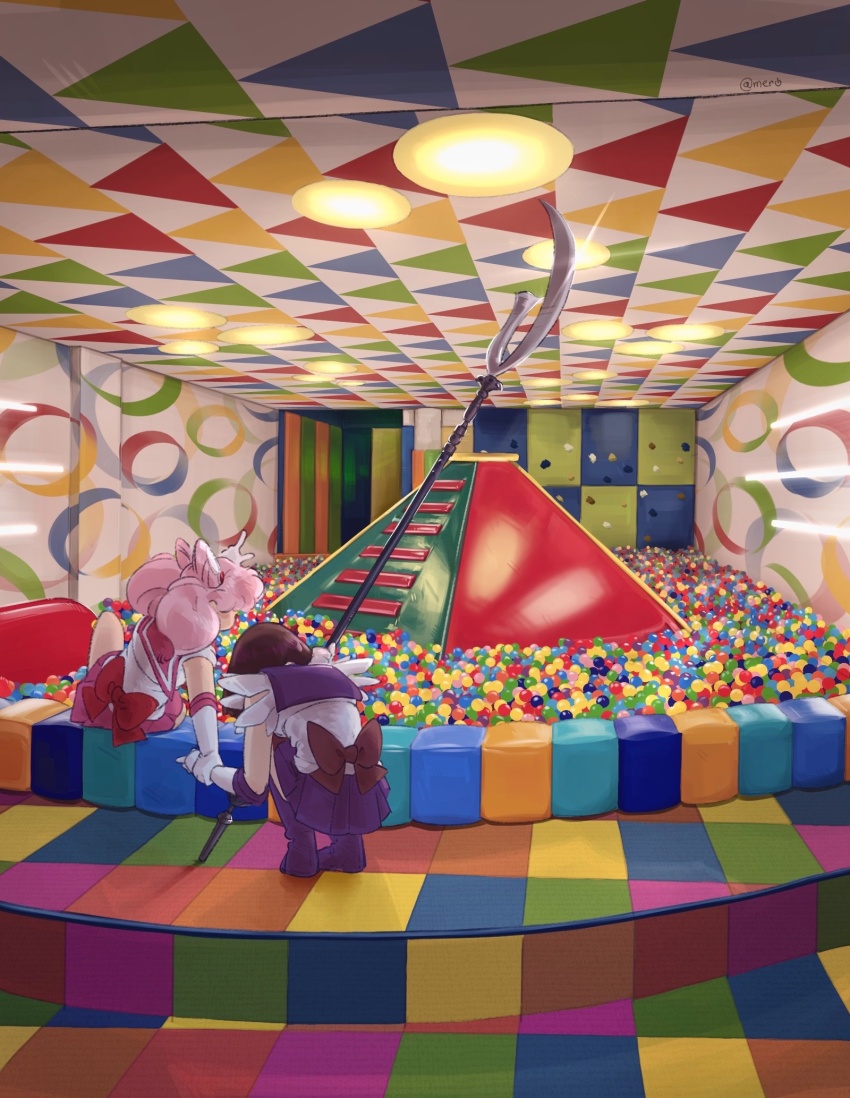 2girls back_bow ball bishoujo_senshi_sailor_moon black_hair boots bow chibi_usa cone_hair_bun double_bun hair_bun highres holding_another&#039;s_wrist indoors liminal_space mercuri0ff multiple_girls pink_hair pink_sailor_collar pink_skirt playground pleated_skirt pointing pointing_up purple_boots purple_sailor_collar purple_skirt red_bow sailor_chibi_moon sailor_collar sailor_saturn silence_glaive skirt squatting tomoe_hotaru