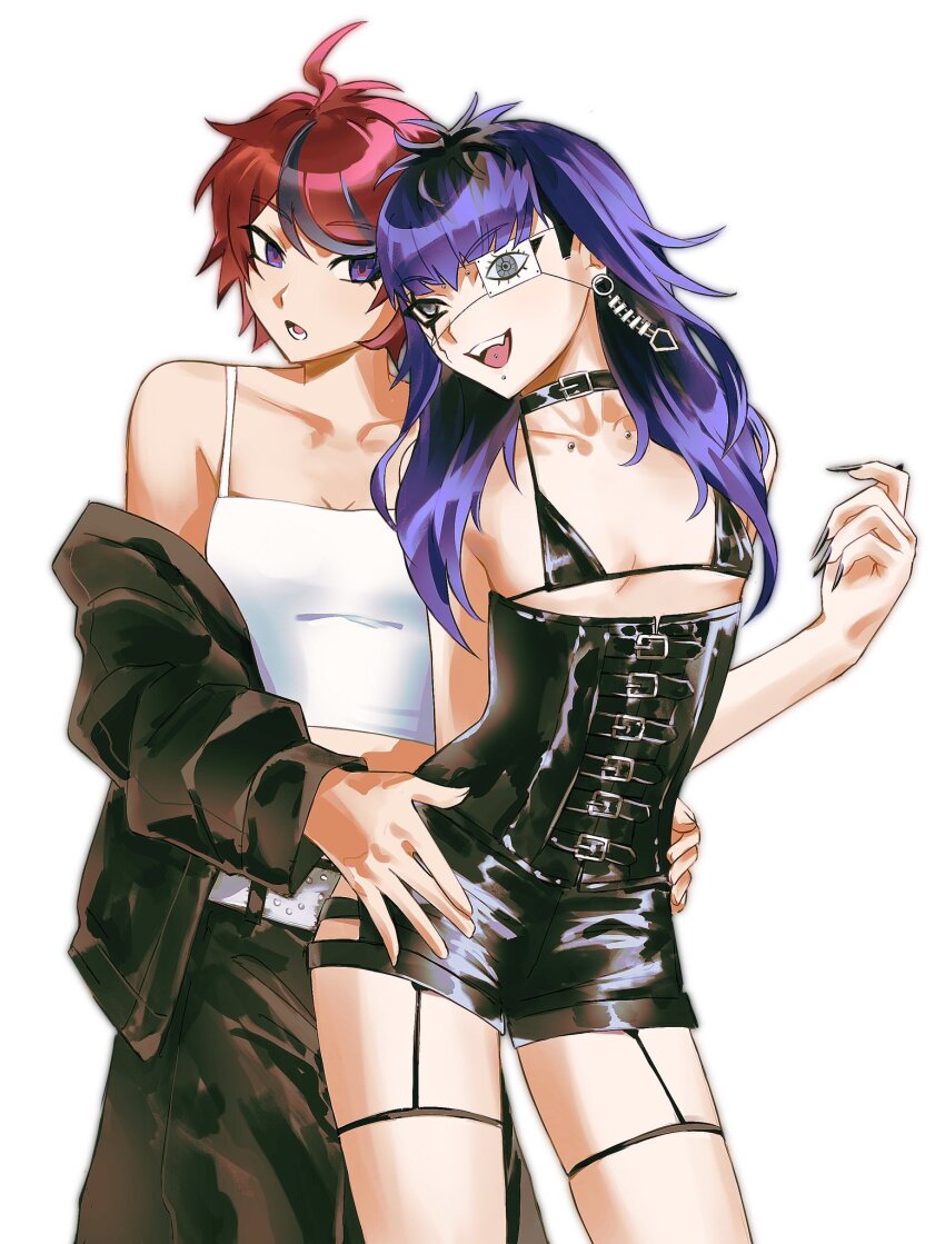 2girls ahoge babykatafan black_dress black_hair black_jacket black_nails black_pants blue_eyes breasts bridge_piercing cleavage collar collarbone collarbone_piercing crop_top dress eyepatch face_piercing female_focus fingernails genderswap genderswap_(mtf) highres jacket leather_dress lip_piercing long_sleeves messy_hair multicolored_eyes multicolored_hair multiple_girls nail_polish omokage_yugamu one_eye_covered pants piercing purple_hair red_eyes red_hair simple_background small_breasts sumino_takumi teeth the_hundred_line_-last_defense_academy- tongue tongue_piercing white_background yuri