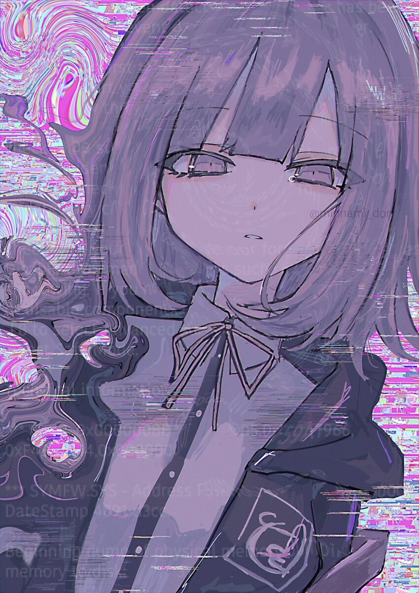 collared_shirt commentary_request danganronpa_(series) danganronpa_2:_goodbye_despair donburi_(minami_don) english_text eyelashes glitch highres jacket medium_hair nanami_chiaki neck_ribbon open_clothes open_jacket psychedelic purple_eyes purple_hair ribbon shirt twitter_username upper_body white_shirt