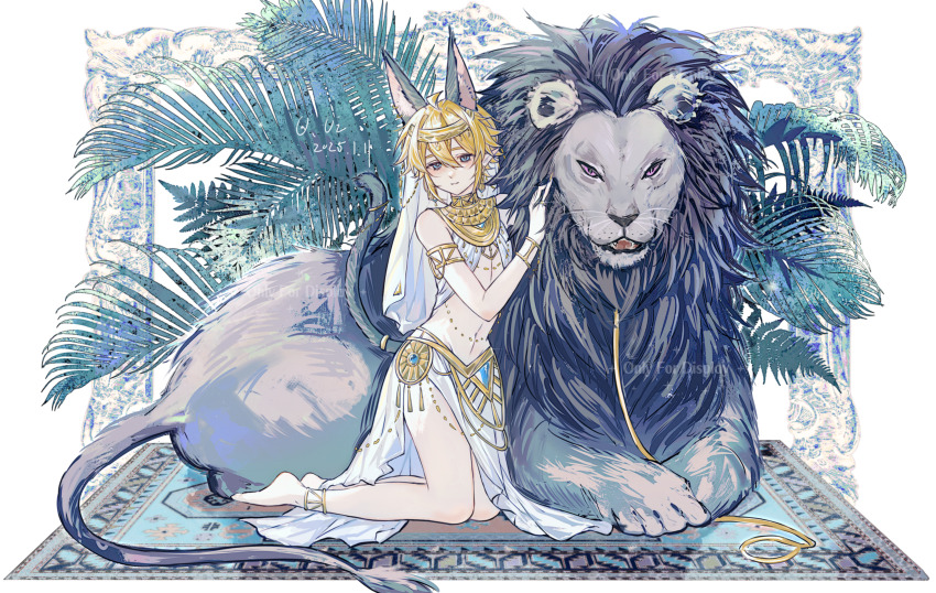 1boy absurdres alternate_costume animal animal_ear_fluff animal_ears anklet aotu_world arabian_clothes armlet bare_shoulders barefoot blonde_hair blue_eyes bracelet cat_boy cat_ears cat_tail closed_mouth crossdressing earrings full_body hair_between_eyes highres jewelry king_(aotu_world) kneeling leaf lion lion_ears looking_at_viewer male_focus midriff navel necklace palm_leaf palm_tree plant plutoray short_hair smile solo stomach tail trap tree veil white_background wolf