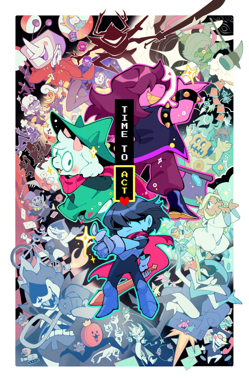 ant_tenna armlet armor armored_boots axe balthizard_(deltarune) berdly_(dark_world)_(deltarune) berdly_(deltarune) bibliox_(deltarune) bicycle black_boots black_jacket blue_hair blue_skin blush boots border bracelet breastplate c._round cape cloak closed_mouth clover_(deltarune) cocktail_glass colored_skin colored_teeth commentary covered_horns cup cuptain_(deltarune) deltarune drinking drinking_glass elnina_(deltarune) english_commentary evercelle everyone gauntlets gerson glasses green-framed_eyewear green_cloak green_eyes green_hat guei_(deltarune) hammer hat hathy_(deltarune) heart highres holding holding_sword holding_weapon jackenstein_(deltarune) jacket jevil jewelry jigsawry_(deltarune) king_(deltarune) kris_(dark_world)_(deltarune) kris_(deltarune) lancer_(deltarune) lanino_(deltarune) maus_(deltarune) mizzle_(deltarune) noelle_holiday noelle_holiday_(dark_world) object_head open_mouth pants pink_cape pink_scarf pippins_(deltarune) ponman_(deltarune) poppup_(deltarune) purple_hair purple_pants queen_(deltarune) ralsei ramb_(deltarune) riding riding_bicycle roaring_knight robe rouxls_kaard rudinn_(deltarune) scarf seam_(deltarune) shadowguy_(deltarune) spamton_g._spamton sparkle spiked_armlet spiked_bracelet spikes spoilers susie_(dark_world)_(deltarune) susie_(deltarune) swatch_(deltarune) sword tasque_manager toriel virovirokun water_cooler weapon werewire white_border white_robe wicabel_(deltarune) winglade_(deltarune) wizard_hat yellow_teeth zapper_(deltarune)