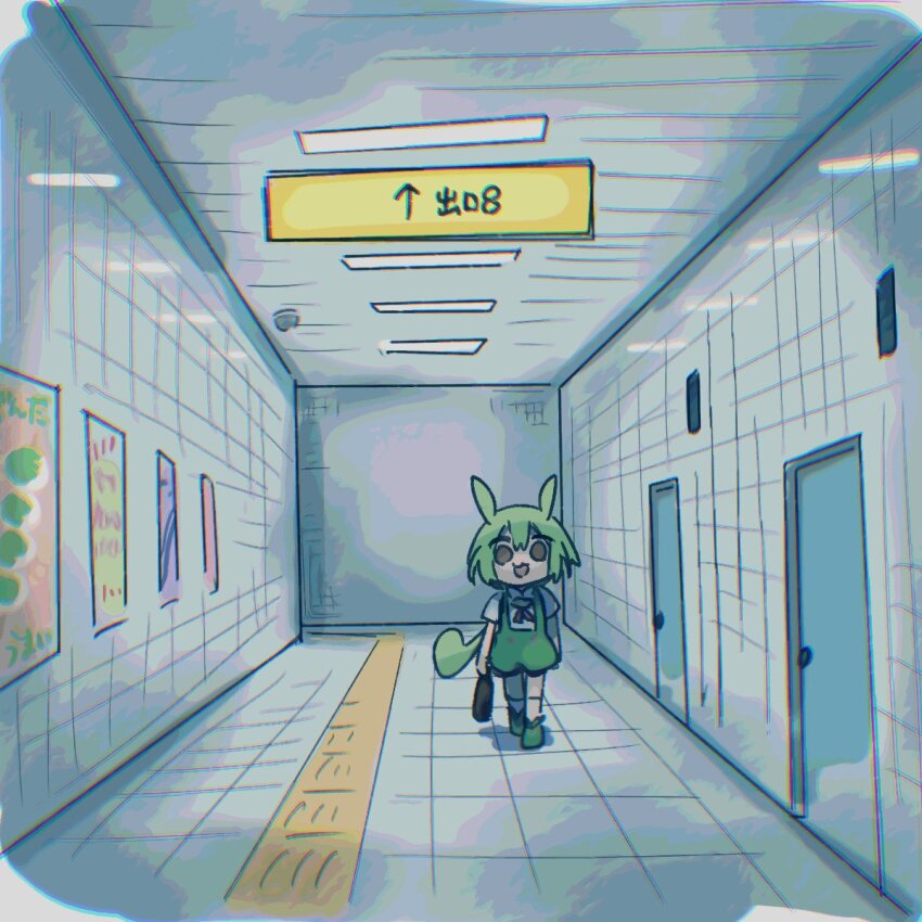 1girl ayakashi_(monkeypanch) door green_shoes green_shorts highres indoors looking_at_viewer open_mouth puffy_shorts shirt shoes short_sleeves shorts sign solo standing suspender_shorts suspenders tactile_paving the_exit_8 voiceroid voicevox walking white_shirt wide_shot zundamon