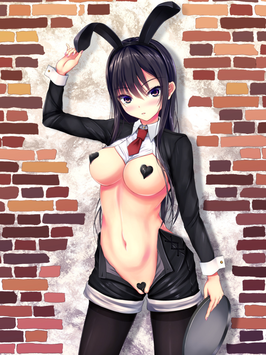 1girl animal_ears arm_up black_hair black_hairband black_shorts black_thighhighs blush breasts brick_wall cleavage collared_shirt commentary_request cowboy_shot cropped_shirt crotchless_shorts drop_shadow fake_animal_ears female_focus hair_between_eyes hair_ornament hairband heart_pasties highleg_shorts highres holding holding_hair_ornament holding_tray kurokami_(kurokaminohito) kurono_mika long_hair long_sleeves looking_at_viewer maebari medium_breasts meme_attire nail_polish navel necktie open_clothes open_shorts original parted_lips pasties pink_nails purple_eyes rabbit_ears red_necktie revealing_clothes reverse_bunnysuit reverse_outfit shirt short_necktie short_shorts shorts shrug_(clothing) sidelocks solo standing stomach thighhighs tray wrist_cuffs