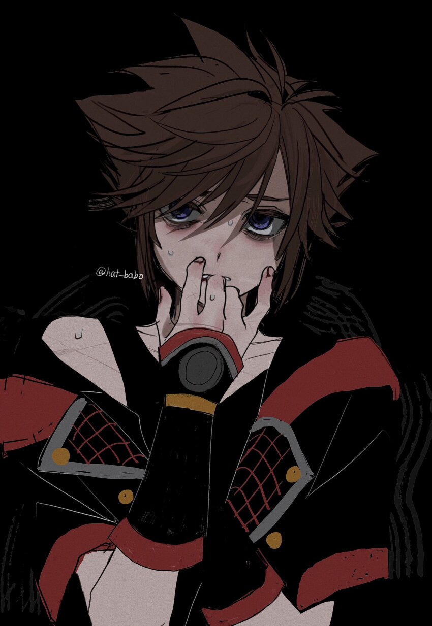 1boy bags_under_eyes black_background black_jacket black_tank_top blue_eyes brown_hair hair_between_eyes hand_to_own_mouth hat_babo highres jacket jacket_partially_removed kingdom_hearts kingdom_hearts_iii looking_at_viewer male_focus parted_lips shaded_face short_hair solo sora_(kingdom_hearts) spiked_hair sweatdrop tank_top twitter_username upper_body