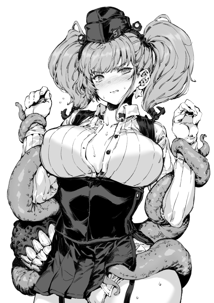 1girl abyssal_ship atlanta_(kancolle) bacius blush breasts buttons clenched_teeth collared_shirt cowboy_shot earrings enemy_naval_mine_(kancolle) garrison_cap gloves greyscale hat high-waist_skirt highres jewelry kantai_collection large_breasts long_hair long_sleeves monochrome panties partially_fingerless_gloves pleated_skirt shirt simple_background single_earring skirt solo star_(symbol) star_earrings suspender_skirt suspenders teeth tentacles two_side_up underwear white_background