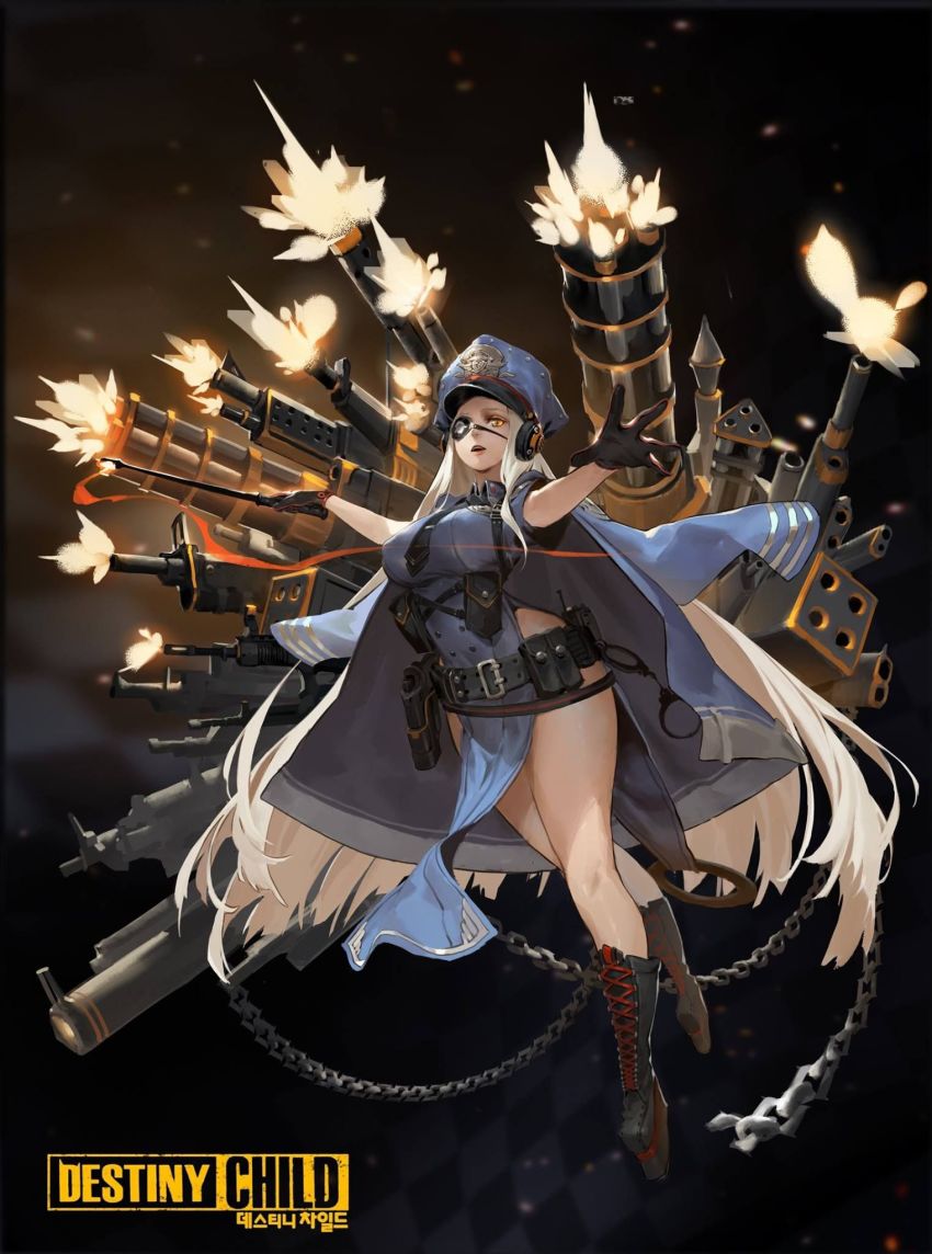 1girl artist_request assault_rifle autocannon baton belt blonde_hair breasts cannon chain chain_gun coat coat_on_shoulders cuffs destiny_child electronic_firearm eyepatch gatling_gun gloves gun handcuffs hat high-explosive_anti-tank_(warhead) high_boots highleg highres holstered large_breasts long_hair m197_electric_cannon m61_vulcan m72_law machine_gun mafdet_(destiny_child) man-portable_air-defense_system man-portable_anti-tank_systems medium_machine_gun minigun multiple-barrel_gun muzzle_clamp necktie police police_hat police_uniform radio rifle rocket-propelled_grenade rocket_(projectile) rocket_launcher rotary_cannon rotary_machine_gun rpg rpg-7 rpg_(weapon) shoot shotgun weapon yellow_eyes
