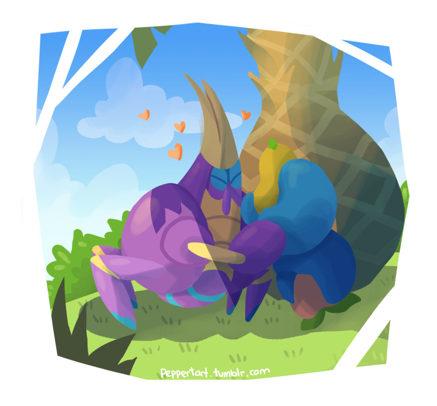 animal_focus berry_(pokemon) blue_sky border bush closed_eyes cloud commentary crab crabrawler day english_commentary food fruit full_body gen_7_pokemon grass heart holding holding_food holding_fruit nintendo no_humans outdoors pecha_berry peppertart pokemon pokemon_(creature) pokemon_focus shadow sitrus_berry sky solo tree tumblr_username watermark web_address white_border