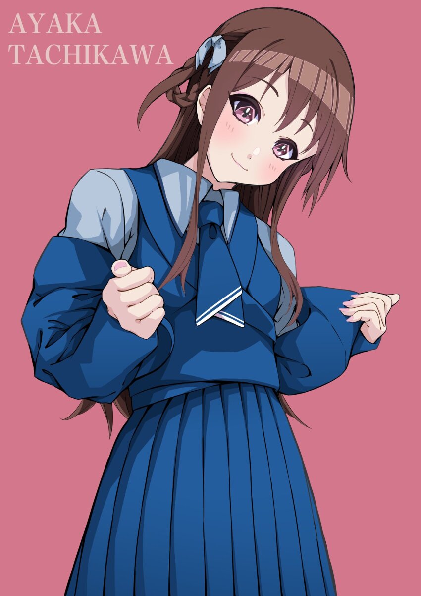 1girl 22/7 blue_dress blue_necktie blush boku_ga_motteru_mono_nara bow braid braided_hair_rings brown_eyes brown_hair character_name closed_mouth cowboy_shot dress hair_bow hair_rings highres jacket lionmaru0808 long_hair long_sleeves looking_at_viewer necktie open_clothes open_jacket original pinafore_dress pink_background pleated_dress shirt_under_dress sidelocks simple_background sleeveless sleeveless_dress smile solo standing tachikawa_ayaka twin_braids two_side_up white_bow
