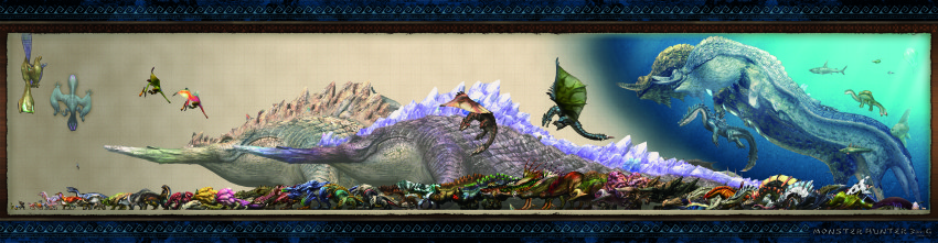 1boy absurdres abyssal_lagiacrus agnaktor alatreon altaroth animal anteka aptonoth arzuros azure_rathalos baggi baleful_gigginox barioth barroth black_border black_diablos bnahabra border brachydios bulldrome bullfango capcom catfish ceadeus cha-cha crimson_qurupeco delex deviljho diablos dire_miralis duramboros epioth everyone felyne fish from_side gargwa giggi gigginox glacial_agnaktor gobul gold_rathian goldbeard_ceadeus great_baggi great_jaggi great_wroggi green_nargacuga green_plesioth hallowed_jhen_mohran highres horns hunter ivory_lagiacrus jade_barroth jaggi jaggia jellyfish jhen_mohran kayamba kelbi lagiacrus lagombi long_image lucent_nargacuga ludroth melynx monster monster_hunter_(series) nargacuga nibelsnarf non-web_source ocean_sunfish pink_rathian plesioth poogie popo purple_ludroth qurupeco rathalos rathian rhenoplos royal_ludroth rust_duramboros sand_barioth savage_deviljho shark sharq silver_rathalos single_horn slagtoth steel_uragaan stygian_zinogre uragaan uroktor veggie_elder volvidon water wide_image wroggi zinogre