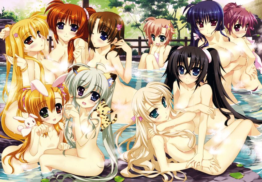 10s 6+girls absurdres animal_ears annotated asteion black_hair blonde_hair blue_eyes blue_hair blush breast_hold breasts brown_hair rabbit_ears cat_ears censored convenient_censoring covering_privates covering_breasts detexted einhard_stratos fate_testarossa fujima_takuya green_eyes green_hair hair_ornament harry_tribeca heterochromia highres large_breasts long_hair lyrical_nanoha mahou_shoujo_lyrical_nanoha mahou_shoujo_lyrical_nanoha_vivid mikaya_chevelle miura_rinaldi multiple_girls nude official_art onsen purple_eyes purple_hair red_eyes sacred_heart short_hair sieglinde_eremiah star_(symbol) steam steam_censor takamachi_nanoha third-party_edit twintails very_long_hair viktoria_dahlgrun vivio water yagami_hayate yuri
