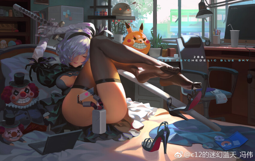 1girl 2b_(nier:automata) absurdres arms_up arrow_(projectile) arrow_in_body arrow_in_head artist_name ass black_dress black_hairband black_high_heels black_thighhighs breasts chair character_name chinese_commentary cleavage_cutout closed_mouth clothing_cutout clown commentary_request computer computer_mouse convenient_censoring creatures_(company) cup desk disc disposable_cup dress drinking_straw elbow_gloves english_text feet fengweic12 game_freak gen_1_pokemon gift gloves hairband heart high_heels highres holding holding_sword holding_weapon indoors katana lamp laptop large_breasts legs_up leotard lying machine_(nier) monitor nier:automata nier_(series) nintendo no_blindfold object_through_head office_chair on_back on_bed pikachu plant pod_(nier:automata) pokemon potted_plant puffy_short_sleeves puffy_sleeves sheath sheathed short_hair short_sleeves skindentation solo sticky_note swivel_chair sword thighhighs toes watermark weapon weibo_watermark white_gloves white_hair white_leotard window
