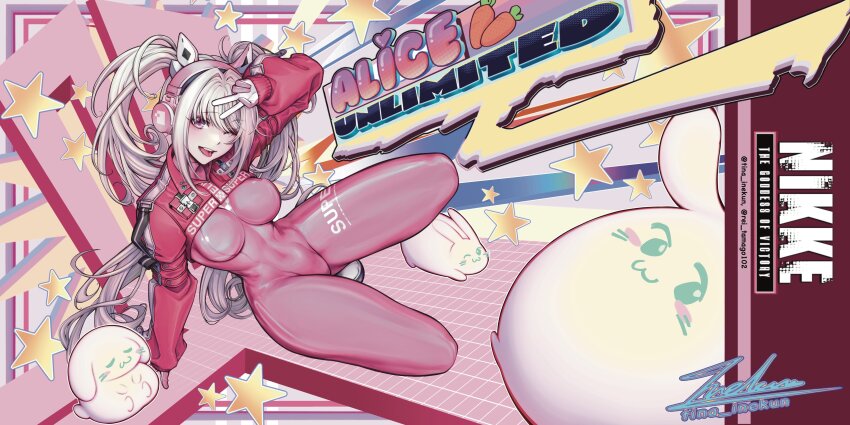 1girl absurdres alice_(nikke) animal_ear_headphones animal_ears blush bodysuit breasts covered_navel fake_animal_ears gloves goddess_of_victory:_nikke grey_hair headphones headset highres impossible_bodysuit impossible_clothes large_breasts latex latex_bodysuit long_hair long_sleeves looking_at_viewer multicolored_gloves one_eye_closed open_mouth pink_bodysuit pink_eyes pink_gloves pink_hair rabbit redrawn shrug_(clothing) sitting skin_tight smile solo tina_inekun twintails two-tone_gloves