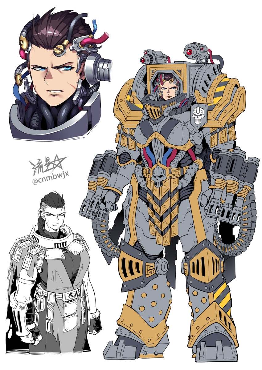 1girl adeptus_astartes ammunition_belt armor breastplate breasts brown_hair cape clenched_hand clenched_hands closed_mouth full_armor gauntlets genderswap genderswap_(mtf) gold_trim greaves gun hazard_stripes highres iron_warriors large_breasts legs_apart mechabare multiple_views open_mouth pauldrons perturabo power_armor primarch rivets ryuusei_(mark_ii) scowl short_hair shoulder_armor signature skull standing teeth torn torn_cape torn_clothes tube undercut warhammer_40k weapon