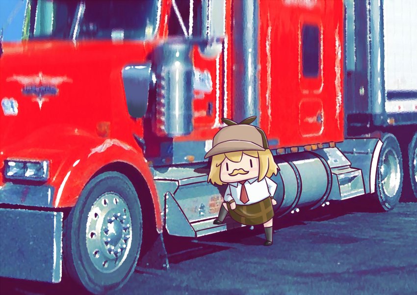 1girl absurdres arm_behind_back black_footwear blonde_hair blurry blurry_background brown_hat brown_skirt chibi commentary deerstalker fake_facial_hair fake_mustache full_body hat highres hololive hololive_english knee_up leaning_to_the_side long_sleeves motor_vehicle necktie phdpigeon photo_background plaid_clothes plaid_skirt red_necktie semi_truck shirt skirt smol_ame solo standing symbol-only_commentary trailer truck virtual_youtuber watson_amelia white_shirt |_|