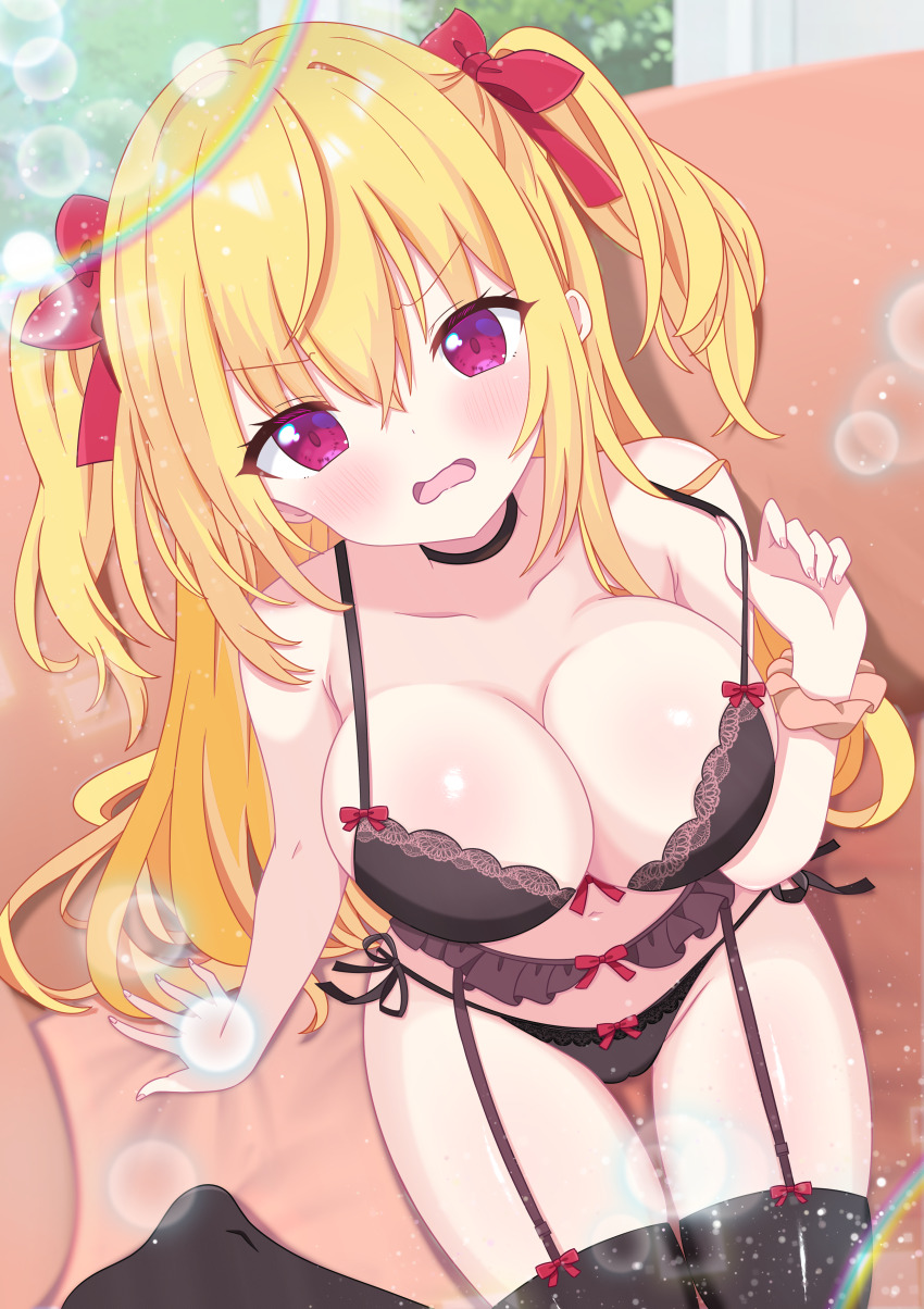 1girl absurdres bare_shoulders black_bra black_choker black_panties blonde_hair blurry blush bow bow_panties bra breasts bubble choker cleavage collarbone commission depth_of_field fang garter_belt garter_straps gyaru hair_between_eyes hair_bow hair_ribbon highres hiiragisensei large_breasts lingerie long_hair looking_at_viewer navel no_shoes open_mouth original panties pixiv_commission red_bow ribbon solo thighhighs twintails two_side_up underwear underwear_only