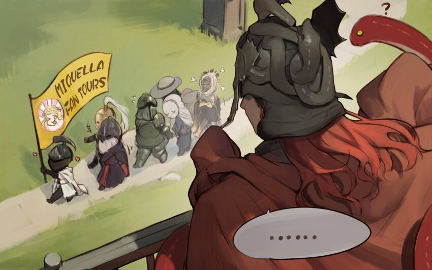 ... 2girls 6+boys animal armor bai_rui beard black_armor black_robe breastplate chibi cloak commentary crossed_arms dryleaf_dane elden_ring elden_ring:_shadow_of_the_erdtree english_commentary english_text facial_hair flag full_armor gauntlets grey_hat hat helmet highres holding holding_flag hood hood_up hornsent_(elden_ring) knight long_hair mask messmer_the_impaler miquella_(elden_ring) moore_(elden_ring) multiple_boys multiple_girls needle_knight_leda pauldrons plume red_cloak red_hair redmane_freyja robe shoulder_armor sir_ansbach snake speech_bubble tabard thiollier_(elden_ring) walking white_cloak white_hood white_tabard