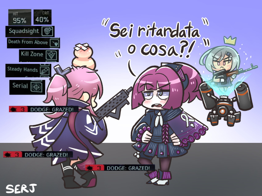 2024_attempted_assassination_of_donald_trump 3girls angry ar-15 artist_name bruise cape carcano_m91/38_(girls&#039;_frontline) cross cross_hair_ornament crown dragunov_svd dress flying girls&#039;_frontline green_eyes grey_hair gun hair_ornament hands_on_own_hips holding holding_gun holding_weapon injury italian_text jacket knees_together_feet_apart multiple_girls open_mouth pink_hair ponytail purple_cape purple_hair purple_jacket red_eyes rifle serjatronic simple_background skirt sniper_fairy_(girls&#039;_frontline) sniper_rifle st_ar-15_(girls&#039;_frontline) st_ar-15_(mod3)_(girls&#039;_frontline) teeth upper_teeth_only weapon x-com
