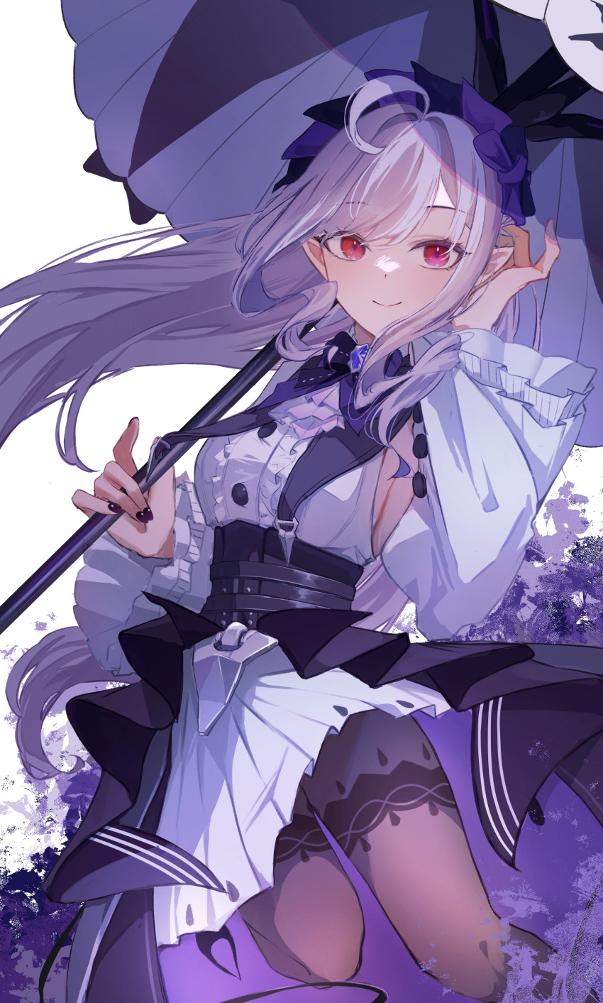 1girl absurdres asahinakoru breasts closed_mouth hairband hand_in_own_hair high-waist_skirt highres holding holding_umbrella lolita_hairband looking_at_viewer pantyhose pointy_ears purple_hair purple_hairband purple_pantyhose purple_skirt purple_umbrella red_eyes shirt sideboob skirt smile solo umbrella vivian_banshee white_shirt white_skirt zenless_zone_zero