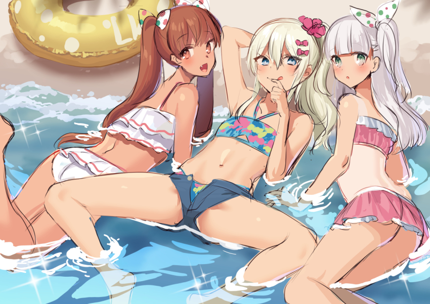 3girls akagi_kurage bad_id bad_twitter_id beach bikini blonde_hair blue_bikini blue_eyes blunt_bangs brown_eyes brown_hair dark-skinned_female dark_skin denim denim_shorts fang frilled_bikini frills grecale_(kancolle) grecale_(swimsuit)_(kancolle) green_eyes halterneck innertube kantai_collection libeccio_(kancolle) libeccio_(swimsuit)_(kancolle) long_hair looking_at_viewer lying maestrale_(kancolle) maestrale_kai_(swimsuit)_(kancolle) multiple_girls on_side on_stomach one_side_up open_fly open_mouth pink_bikini sand shallow_water short_shorts shorts side_ponytail silver_hair smile swim_ring swimsuit twintails water waves wavy_hair white_bikini