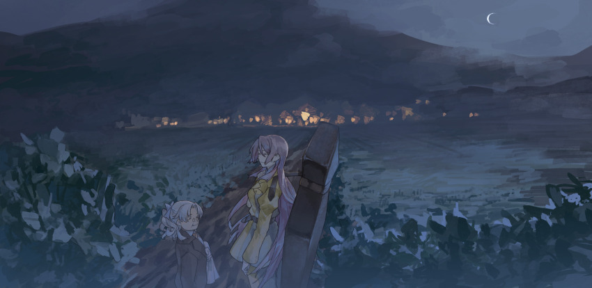 2girls belt black_jacket breasts brown_belt cello_case city_lights closed_eyes crescent_moon cross_tie field grass height_difference highres horizon jacket kyotyan large_breasts long_hair medium_hair military_uniform moon mountainous_horizon multiple_girls nagakura_sayo night night_sky ootori_kanae_(soukou_akki_muramasa) pants pink_hair red_cross_tie shirt sidelocks sky smile soukou_akki_muramasa town very_long_hair white_hair white_shirt yellow_jacket yellow_pants