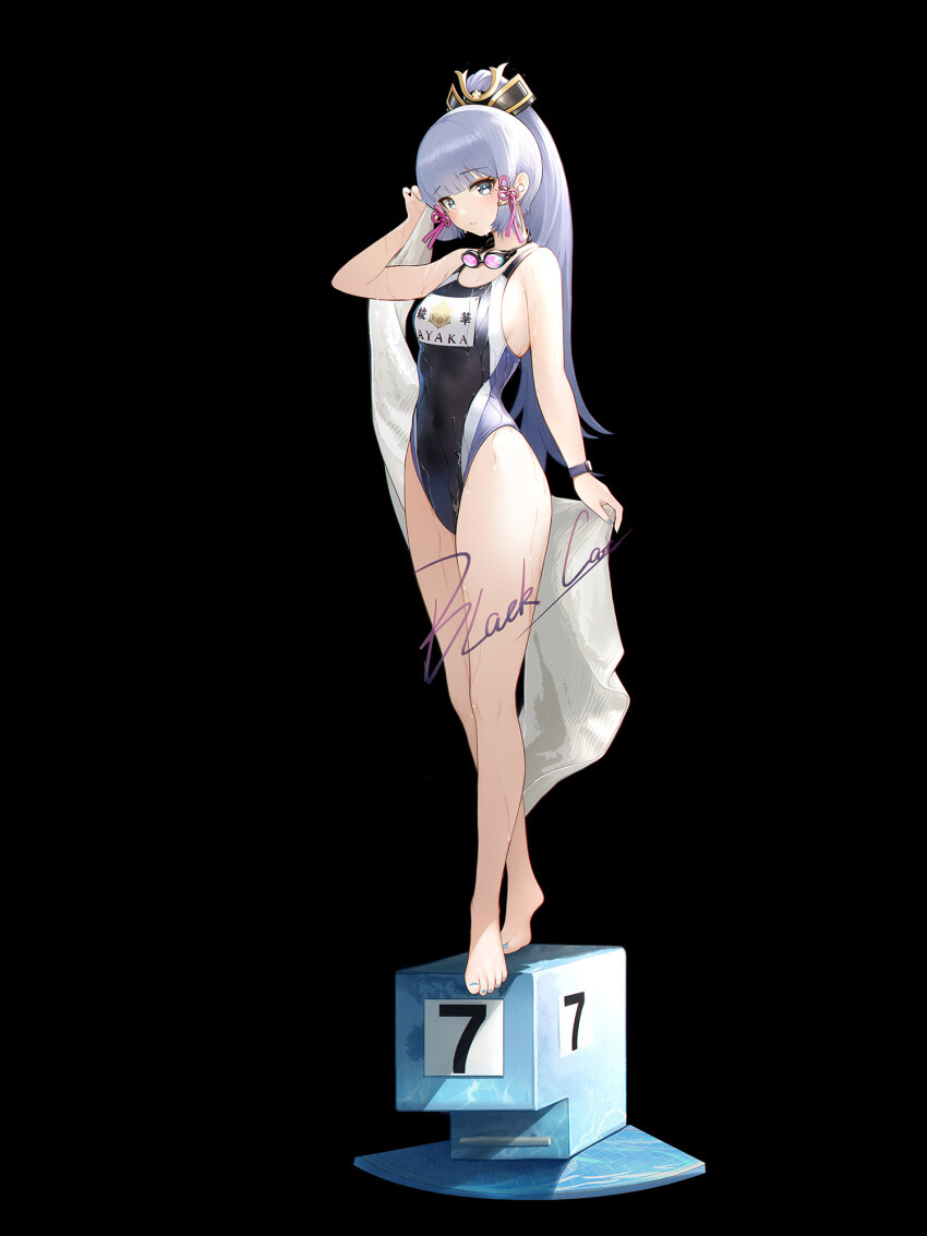 1girl alternate_costume aqua_nails artist_name ayaka_(genshin_impact) barefoot black_background blackcat_enjia blue_hair blunt_bangs blunt_tresses blush breasts clothes_writing commentary competition_swimsuit crossed_legs feet figure_stand full_body genshin_impact goggles goggles_around_neck hair_ornament hair_ribbon high_ponytail highleg highleg_one-piece_swimsuit highres holding holding_towel legs long_hair looking_at_viewer medium_breasts mole mole_under_eye nail_polish name_tag one-piece_swimsuit parted_lips ponytail ribbon school_swimsuit sideboob sidelocks signature simple_background solo standing swimsuit thighs toenail_polish toenails toes towel tress_ribbon watch water_drop wet wristwatch